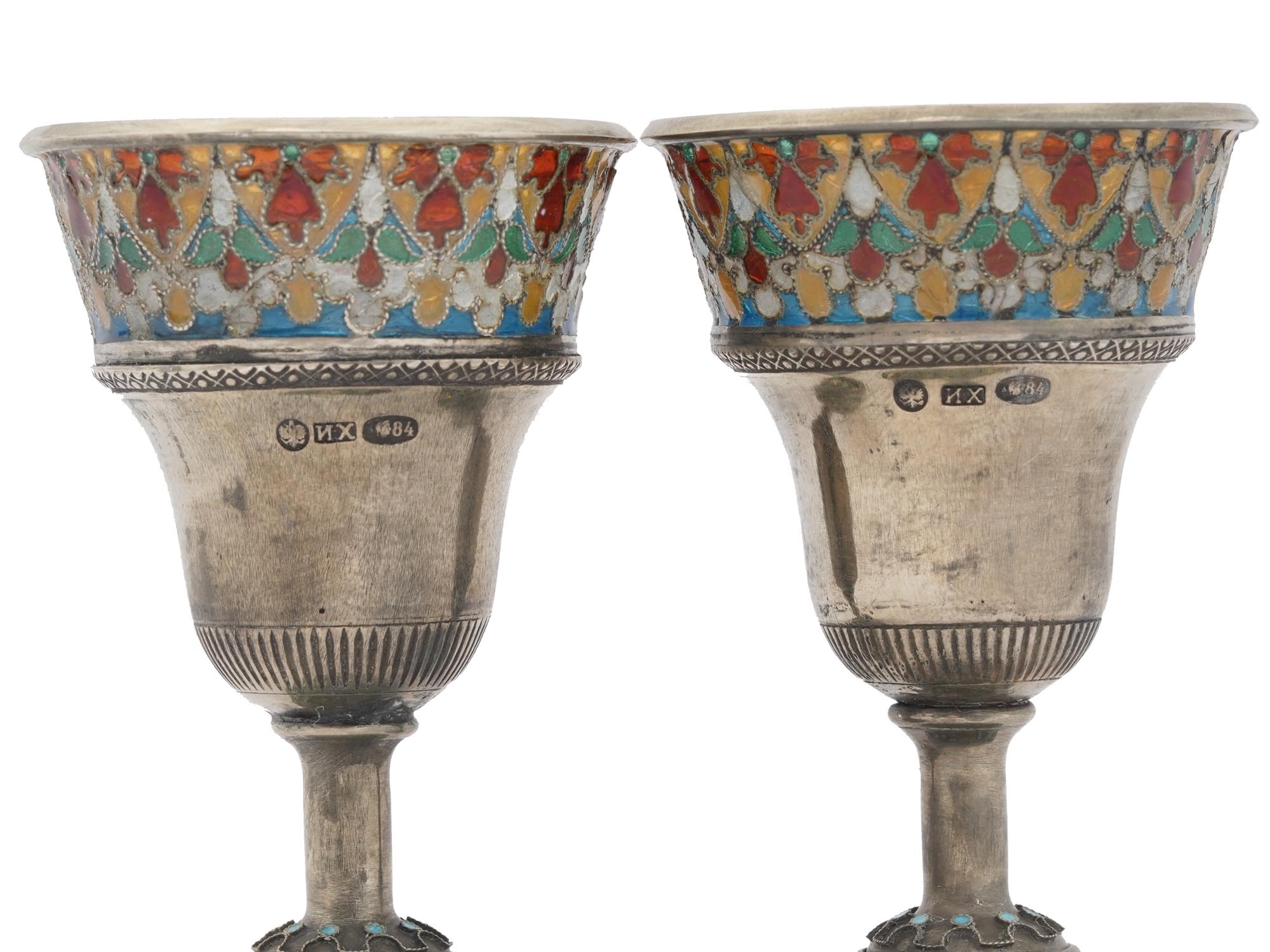 PAIR OF RUSSIAN SILVER ENAMEL SHOT CUP GOBLETS PIC-5